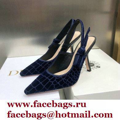 Dior Heel 9.5cm J'Adior Slingback Pumps Crocodile-Effect Embroidered Velvet Dark Blue 2021