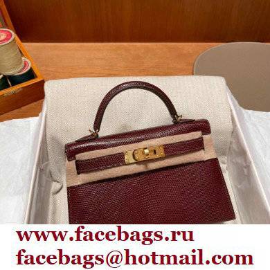 Hermes Mini Kelly II Handbag in lizard leather bordeaux handmade