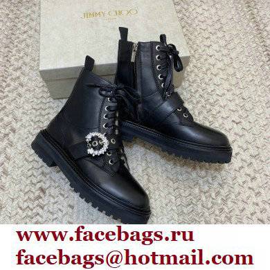 Jimmy Choo CORA FLAT Soft Calf Leather Combat Boots with Crystal Buckle Black 2021