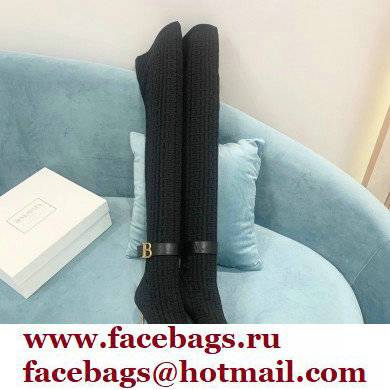 Balmain Heel 9.5cm Raven Thigh-high Boots Knit Black with Monogram Strap 2021