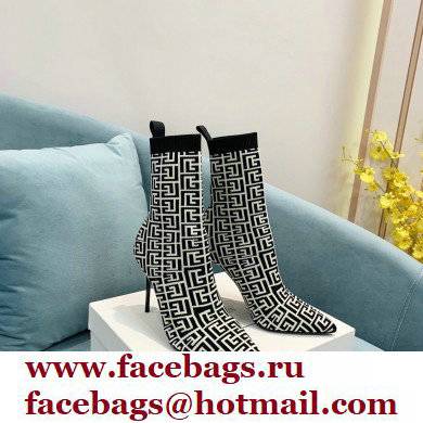 Balmain Heel 9.5cm Stretch Knit Skye Ankle Boots Black/White With Balmain Monogram 2021 - Click Image to Close