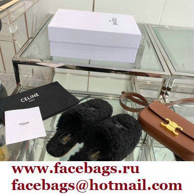 Celine Fur Slides Triomphe Closed Slippers in Shearling Black 2021 - Click Image to Close