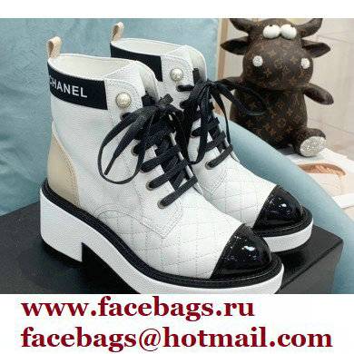 Chanel Heel 5.5cm Lace-Ups Ankle Boots G38514 Calfskin/Patent White 2021 - Click Image to Close