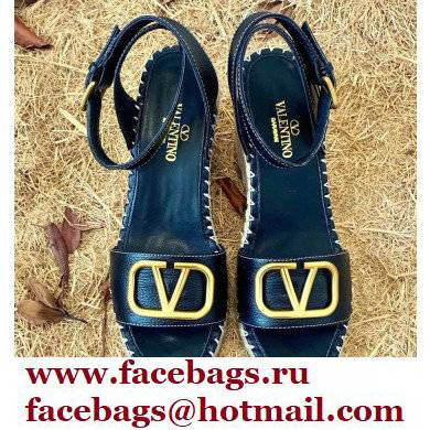 Valentino Leather VLogo Wedge Espadrilles Sandals Black