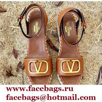 Valentino Leather VLogo Wedge Espadrilles Sandals Brown