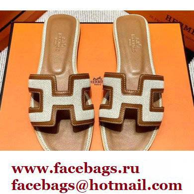 Hermes Calfskin and Canvas Oran Sandals Brown/White