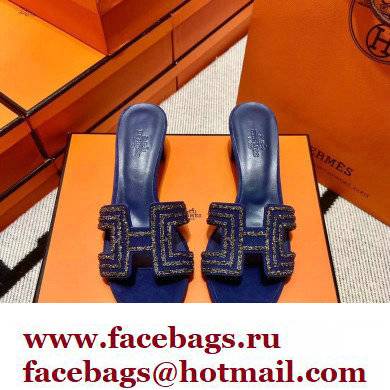 Hermes suede goatskin with rhinestone Oasis Sandals Blue - Click Image to Close