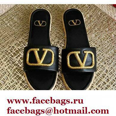 Valentino Leather Vlogo Espadrilles Slide Sandals Black 2022