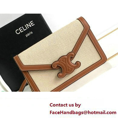 Celine WALLET ON CHAIN triomphe Bag in in TEXTILE TRIOMPHE AND CALFSKIN 10J733 Natural / Tan - Click Image to Close