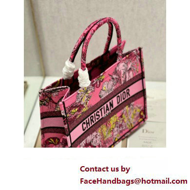 Dior Medium Book Tote Bag in Multicolor Toile de Jouy Voyage Embroidery Fuchsia