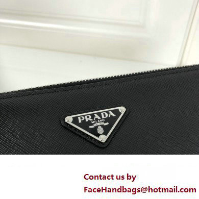 Prada Saffiano Leather Pouch Clutch Bag 2NE009 Enameled metal triangle logo Black/Silver - Click Image to Close