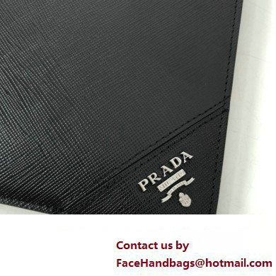 Prada Saffiano Leather Pouch Clutch Bag 2NG005 metal lettering logo Black/Silver - Click Image to Close