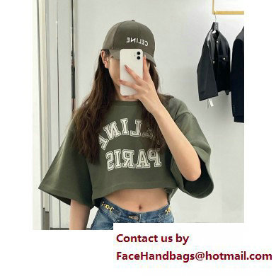 Celine Cropped T-shirt in Cotton fleece KAKI MILITAIRE/OFF WHITE 2023 - Click Image to Close