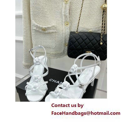 Chanel Heel 7cm CC Logo and Camellia Sandals White 2023 - Click Image to Close