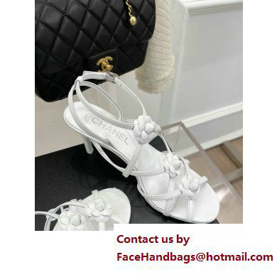 Chanel Heel 7cm CC Logo and Camellia Sandals White 2023 - Click Image to Close