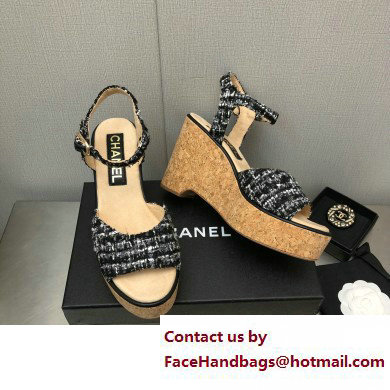 Chanel Heel 8cm Platform Sandal Tweed Black 2023 - Click Image to Close