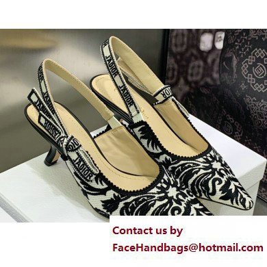 Dior Heel 6.5cm J'Adior Slingback Pumps in Black/White Ornamental Embroidered Cotton 2023