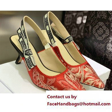 Dior Heel 6.5cm J'Adior Slingback Pumps in Red Brocart Embroidered Cotton with Gold-Tone Metallic Thread 2023