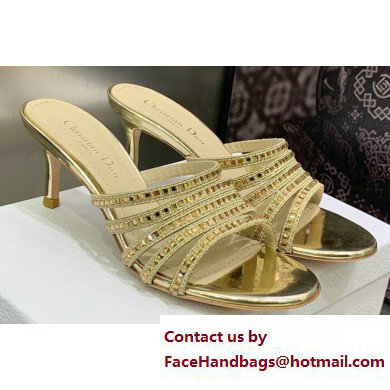 Dior Heel 7cm Gem Slides Gold in Cotton Metallic Thread Embroidery with Square Strass 2023