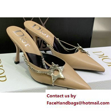 Dior Heel 8.5cm Chain and Star Pointed Toe Mules Beige 2023