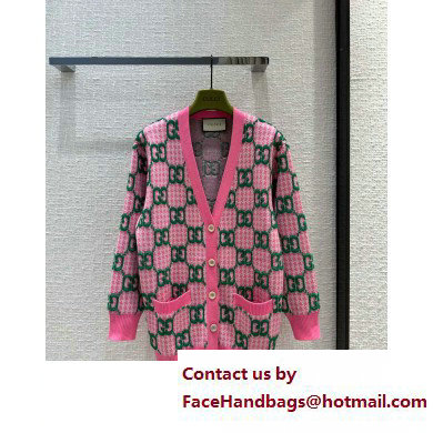 GUCCI PINK AND IVORY Wool houndstooth GG cardigan 2023