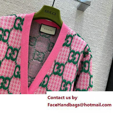 GUCCI PINK AND IVORY Wool houndstooth GG cardigan 2023