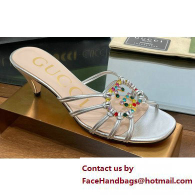 Gucci Heel 4.5cm Slide Sandals Silver with crystals Interlocking G 2023