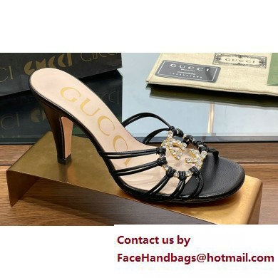 Gucci Heel 9cm Slide Sandals Black with crystals Interlocking G 2023