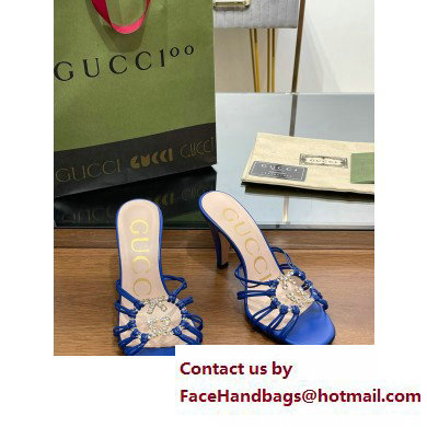 Gucci Heel 9cm Slide Sandals Blue with crystals Interlocking G 2023 - Click Image to Close