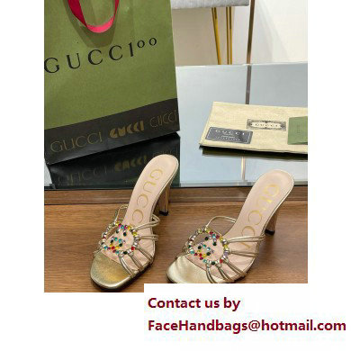 Gucci Heel 9cm Slide Sandals Gold with crystals Interlocking G 2023 - Click Image to Close