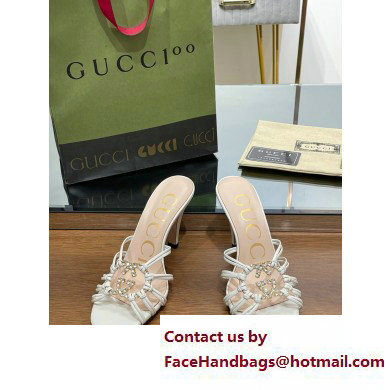 Gucci Heel 9cm Slide Sandals White with crystals Interlocking G 2023 - Click Image to Close