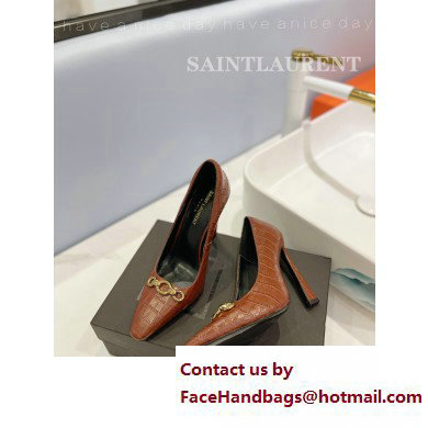 Saint Laurent Heel 10.5cm Severine Pumps Crocodile-embossed Brown