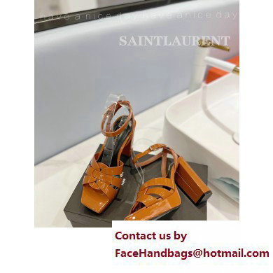 Saint Laurent Heel 10cm Platform 2cm Tribute Sandals in Patent Leather Brown - Click Image to Close