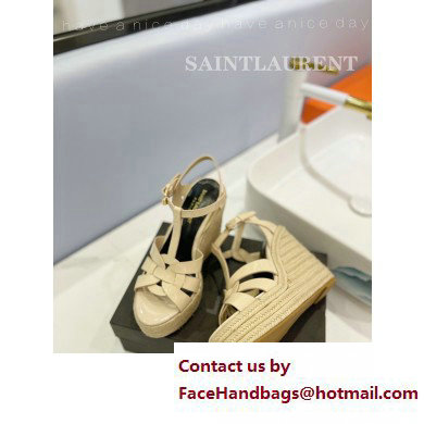 Saint Laurent Heel 12.5cm Platform 3.5cm Tribute Wedge Espadrilles in Patent Leather 611924 Beige