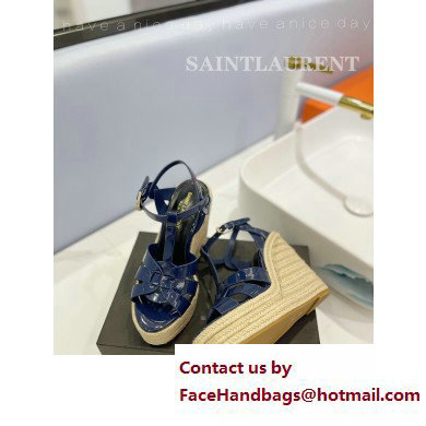 Saint Laurent Heel 12.5cm Platform 3.5cm Tribute Wedge Espadrilles in Patent Leather 611924 Blue - Click Image to Close