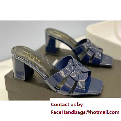 Saint Laurent Heel 6.5cm Tribute Mules Slide Sandals in Patent Leather Blue - Click Image to Close