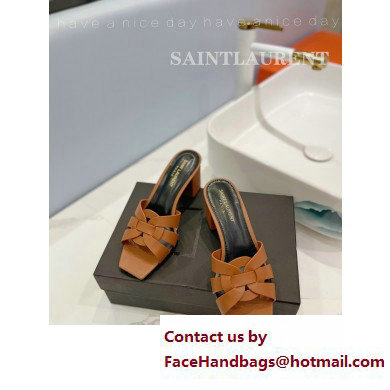 Saint Laurent Heel 6.5cm Tribute Mules Slide Sandals in Smooth Leather Brown - Click Image to Close