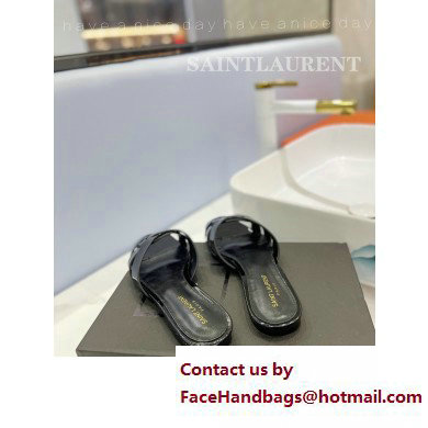 Saint Laurent Tribute Flat Mules Slide Sandals in Patent Leather 571952 Black