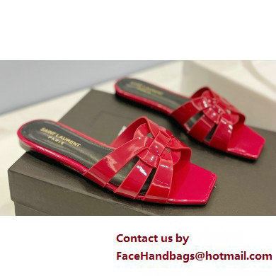 Saint Laurent Tribute Flat Mules Slide Sandals in Patent Leather 571952 Red - Click Image to Close