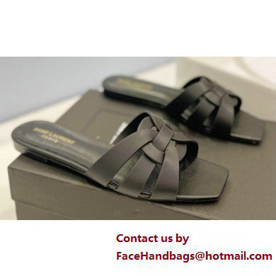Saint Laurent Tribute Flat Mules Slide Sandals in Smooth Leather 571952 Black - Click Image to Close