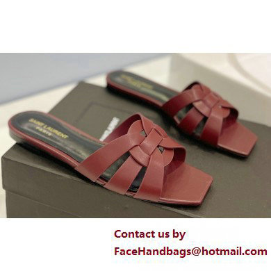 Saint Laurent Tribute Flat Mules Slide Sandals in Smooth Leather 571952 Burgundy