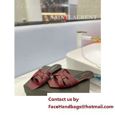Saint Laurent Tribute Flat Mules Slide Sandals in Smooth Leather 571952 Burgundy - Click Image to Close