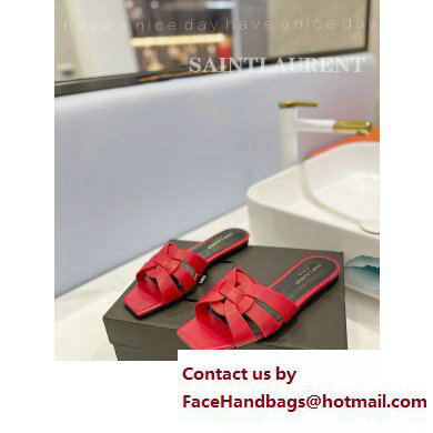 Saint Laurent Tribute Flat Mules Slide Sandals in Smooth Leather 571952 Red - Click Image to Close