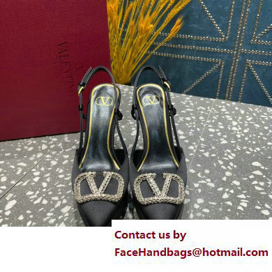 Valentino Heel 10.3cm Platform 2cm VLogo Signature Slingback Pumps Satin Black 2023 - Click Image to Close