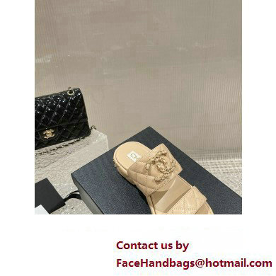 Chanel Heel 3cm Gold CC Logo Lambskin Quilting Mules Sandals Beige 2023