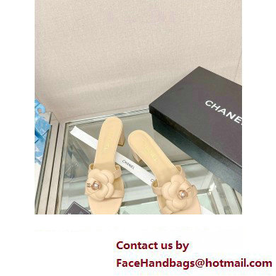 Chanel Heel 5.5cm Camellia and Pearl Mules Beige 2023 - Click Image to Close