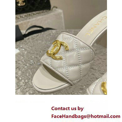 Chanel Heel 7cm Gold CC Logo Lambskin Quilting Mules G45014 White 2023
