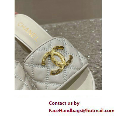 Chanel Heel 7cm Gold CC Logo Lambskin Quilting Mules G45014 White 2023