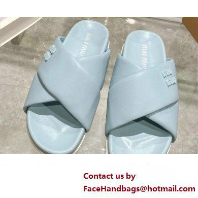 Miu Miu Leather slides Blue with metal lettering logo 2023