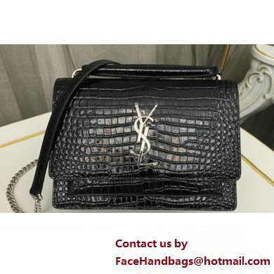 Saint Laurent sunset chain wallet in crocodile-embossed shiny leather 533026 Black/Silver